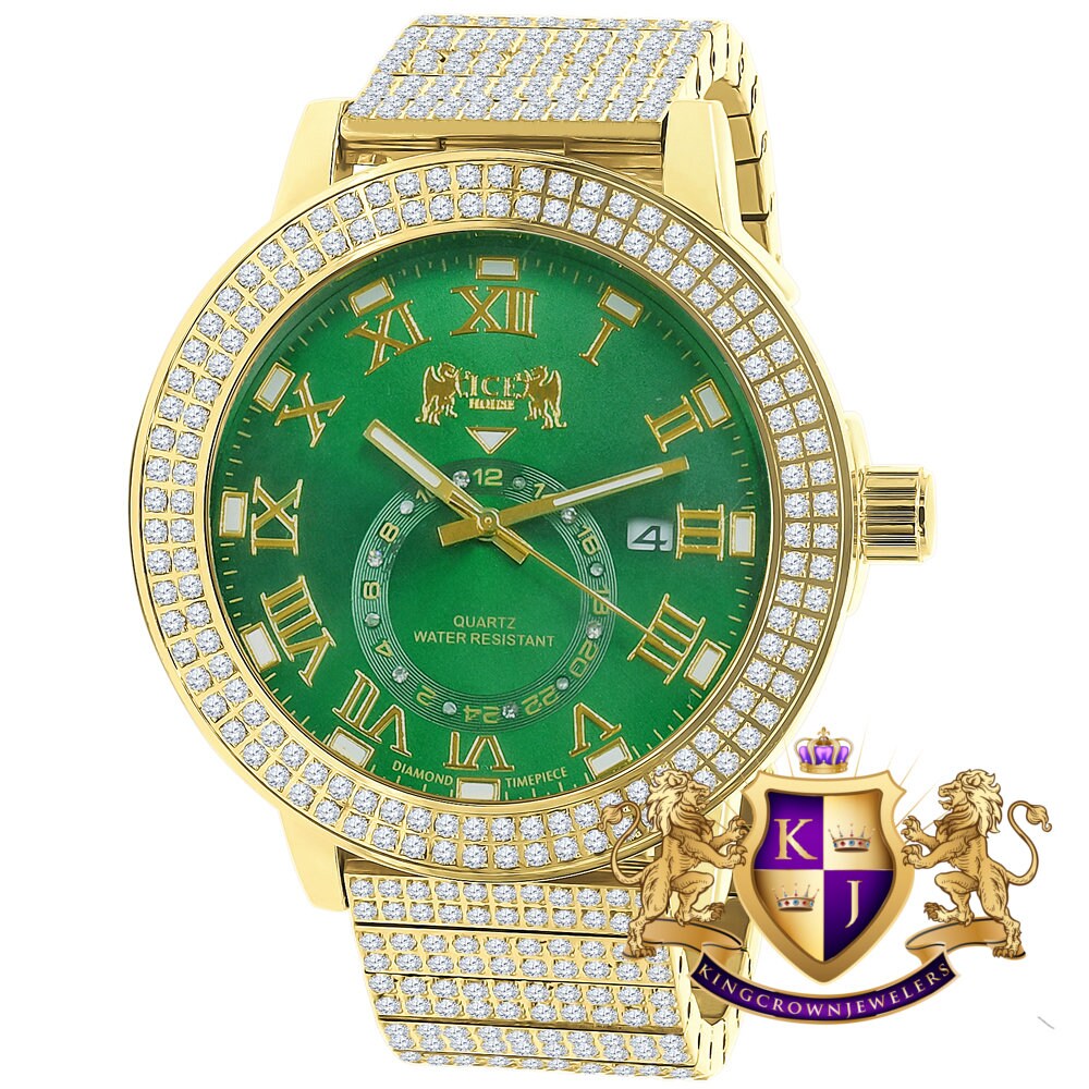 Green Emerald Face Full Solid Stainless Steel 18K Yellow Gold Tone Real Diamond Dial Mens Luxury Custom Watch 53mm W/Date
