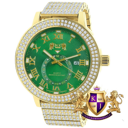 Green Emerald Face Full Solid Stainless Steel 18K Yellow Gold Tone Real Diamond Dial Mens Luxury Custom Watch 53mm W/Date