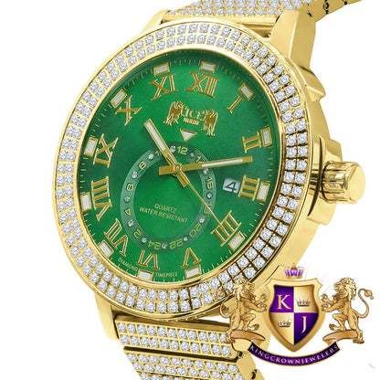 Green Emerald Face Full Solid Stainless Steel 18K Yellow Gold Tone Real Diamond Dial Mens Luxury Custom Watch 53mm W/Date