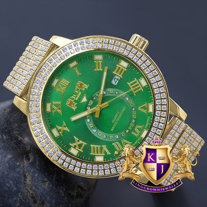 Green Emerald Face Full Solid Stainless Steel 18K Yellow Gold Tone Real Diamond Dial Mens Luxury Custom Watch 53mm W/Date