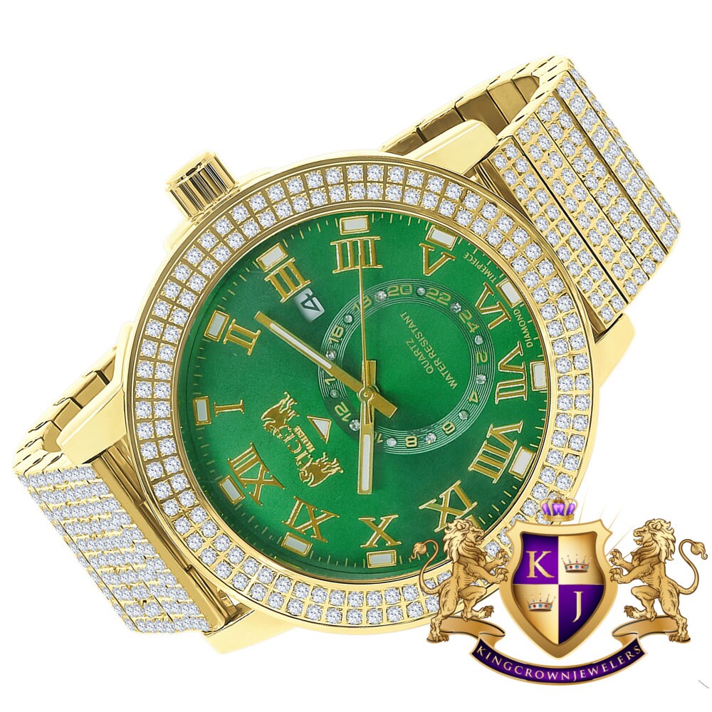 Green Emerald Face Full Solid Stainless Steel 18K Yellow Gold Tone Real Diamond Dial Mens Luxury Custom Watch 53mm W/Date