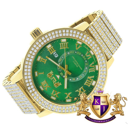 Green Emerald Face Full Solid Stainless Steel 18K Yellow Gold Tone Real Diamond Dial Mens Luxury Custom Watch 53mm W/Date