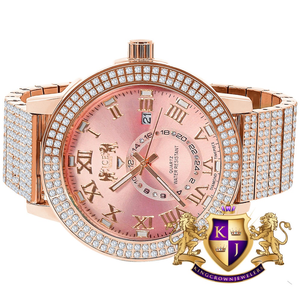 Mens 18K Rose Gold Tone Pink Face Solid Stainless Steel Real Diamond Dial Watch XL 54mm W/Date