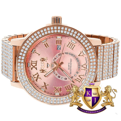 Mens 18K Rose Gold Tone Pink Face Solid Stainless Steel Real Diamond Dial Watch XL 54mm W/Date