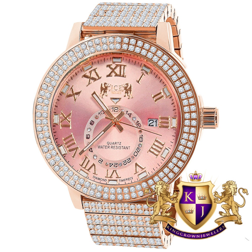 Mens 18K Rose Gold Tone Pink Face Solid Stainless Steel Real Diamond Dial Watch XL 54mm W/Date