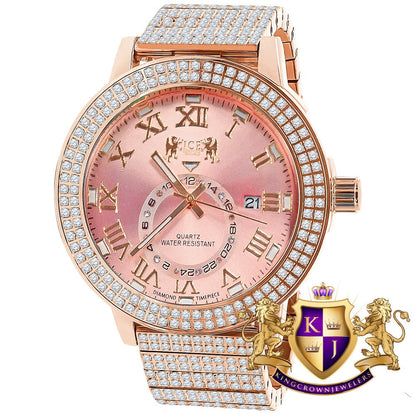 Mens 18K Rose Gold Tone Pink Face Solid Stainless Steel Real Diamond Dial Watch XL 54mm W/Date