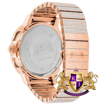 Mens 18K Rose Gold Tone Pink Face Solid Stainless Steel Real Diamond Dial Watch XL 54mm W/Date