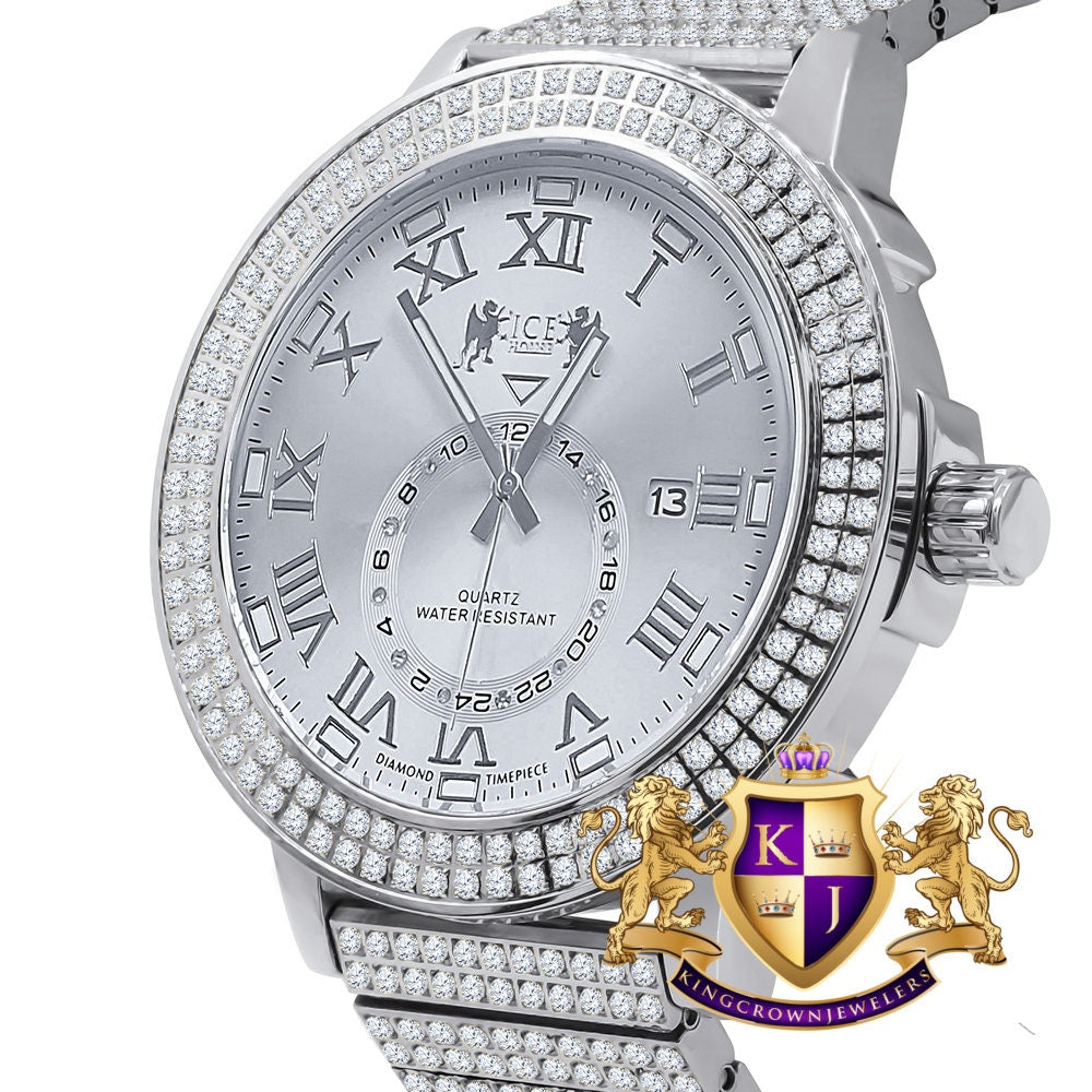 Mens Solid Stainless Steel 18K White Gold Tone Real Diamond Dial Custom Luxury Watch XL 54mm W/Date