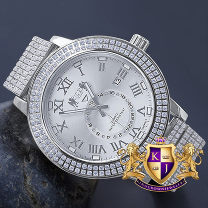 Mens Solid Stainless Steel 18K White Gold Tone Real Diamond Dial Custom Luxury Watch XL 54mm W/Date