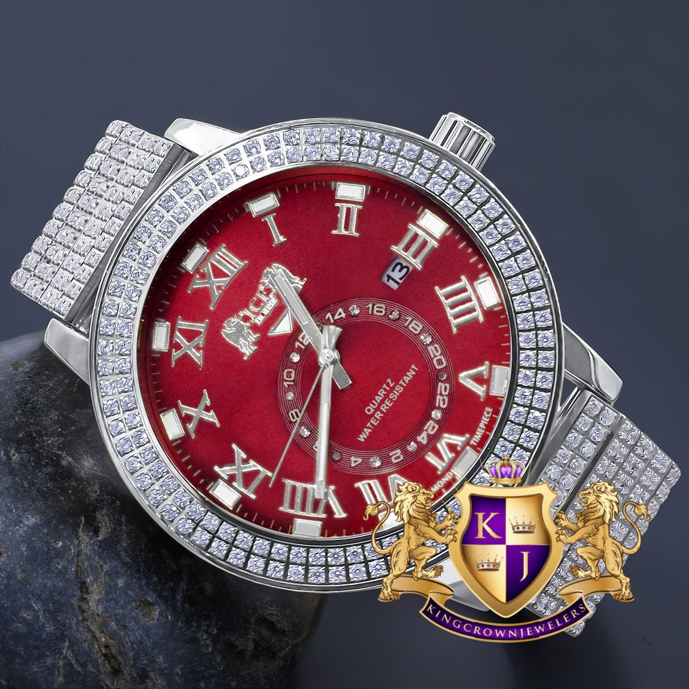 Ruby Red Mens Solid Stainless Steel 18K White Gold Tone Real Diamond Dial Custom Luxury Watch XL 54mm W/Date
