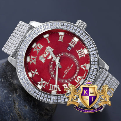 Ruby Red Mens Solid Stainless Steel 18K White Gold Tone Real Diamond Dial Custom Luxury Watch XL 54mm W/Date