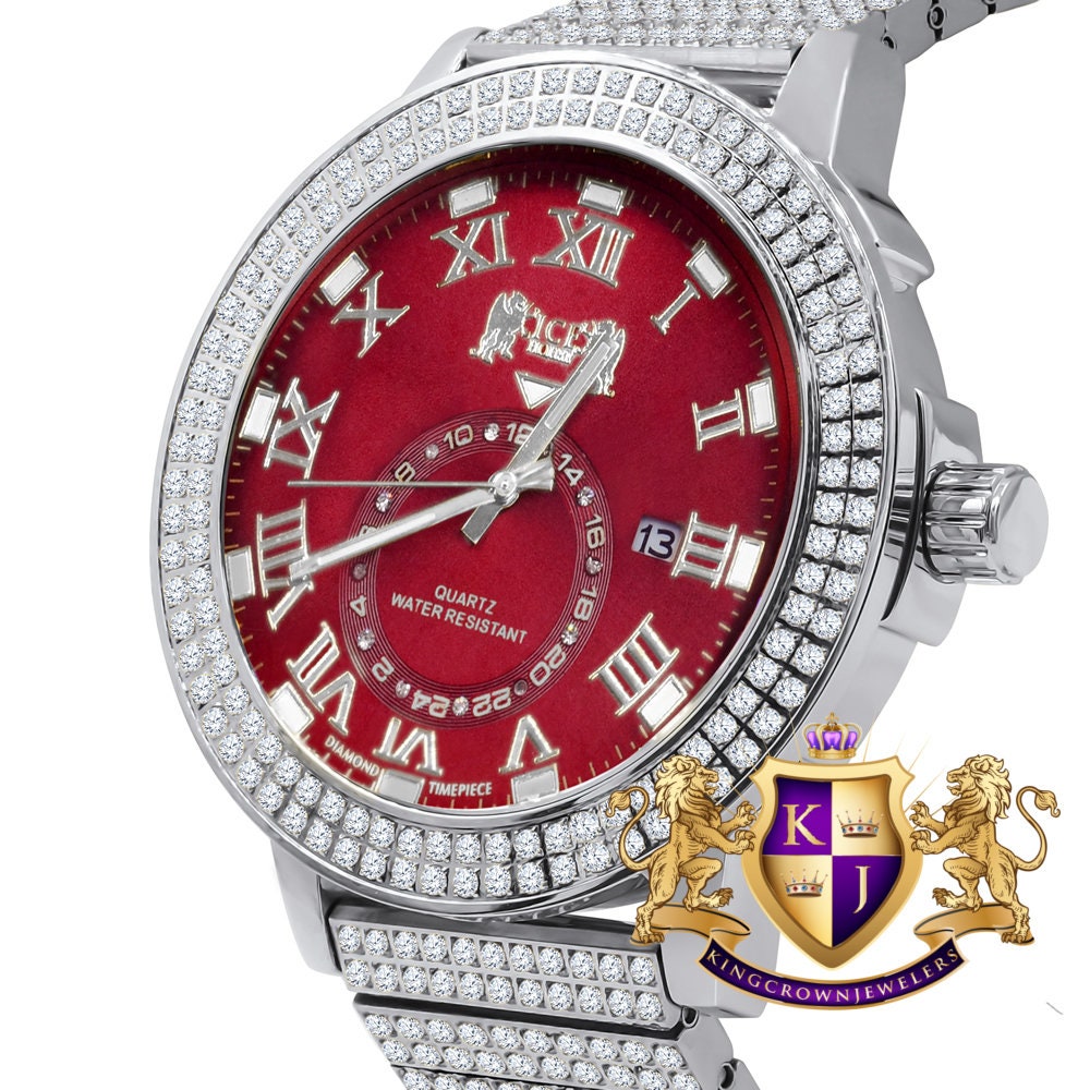 Ruby Red Mens Solid Stainless Steel 18K White Gold Tone Real Diamond Dial Custom Luxury Watch XL 54mm W/Date