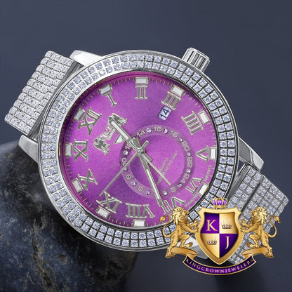 Purple Amethyst Mens Solid Stainless Steel 18K White Gold Tone Real Diamond Dial Custom Luxury Watch XL 54mm W/Date
