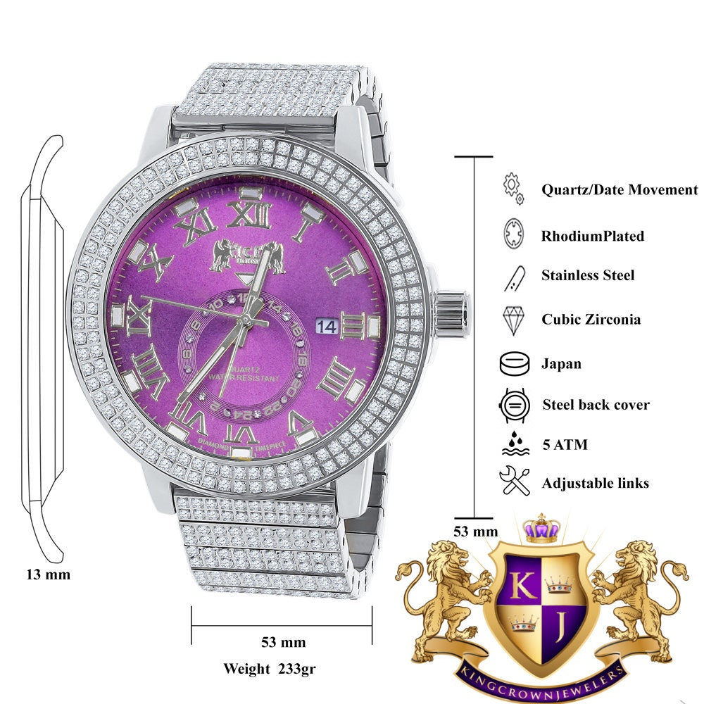 Purple Amethyst Mens Solid Stainless Steel 18K White Gold Tone Real Diamond Dial Custom Luxury Watch XL 54mm W/Date