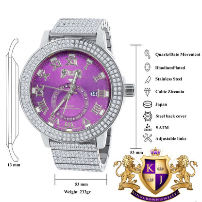 Purple Amethyst Mens Solid Stainless Steel 18K White Gold Tone Real Diamond Dial Custom Luxury Watch XL 54mm W/Date