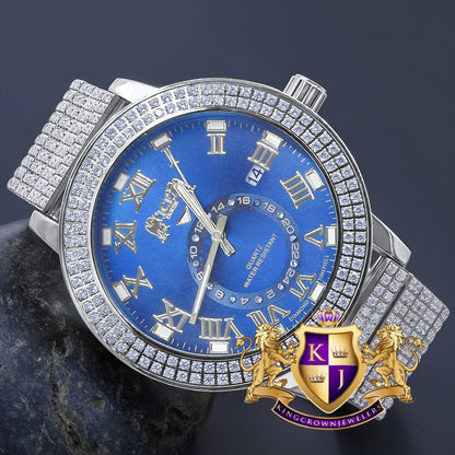 Sapphire Blue Mens Solid Stainless Steel 18K White Gold Tone Real Diamond Dial Custom Luxury Watch XL 54mm W/Date