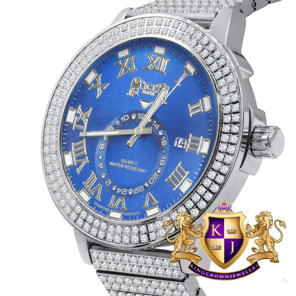 Sapphire Blue Mens Solid Stainless Steel 18K White Gold Tone Real Diamond Dial Custom Luxury Watch XL 54mm W/Date