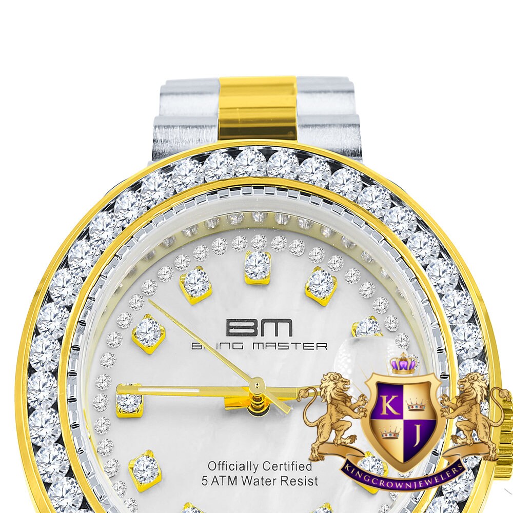 2 Tone Gold Finish Mens Full Stainless Steel White Face Solitaire Simulated Diamond 41mm Presidential Watch