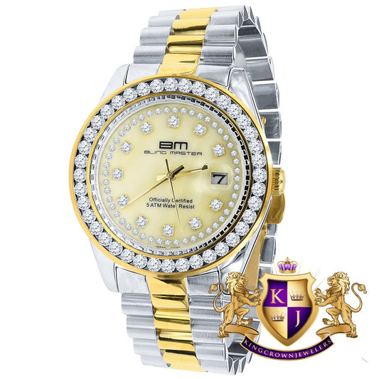 2 Tone Gold Finish Mens Full Stainless Steel Yellow Face Solitaire Simulated Diamond 41mm Presidential Watch