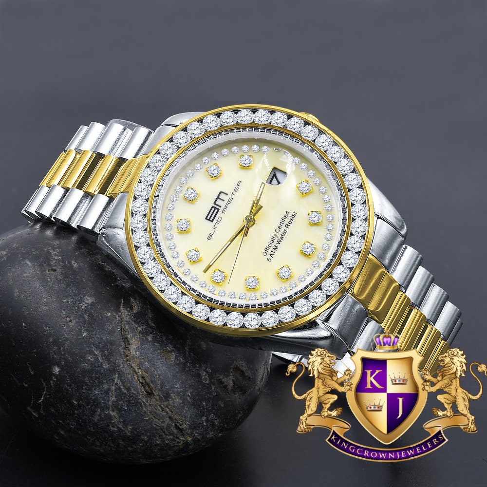 2 Tone Gold Finish Mens Full Stainless Steel Yellow Face Solitaire Simulated Diamond 41mm Presidential Watch