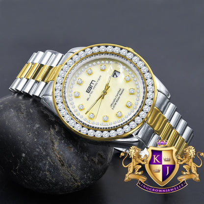2 Tone Gold Finish Mens Full Stainless Steel Yellow Face Solitaire Simulated Diamond 41mm Presidential Watch