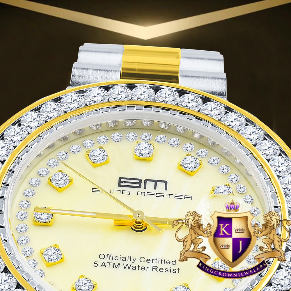2 Tone Gold Finish Mens Full Stainless Steel Yellow Face Solitaire Simulated Diamond 41mm Presidential Watch