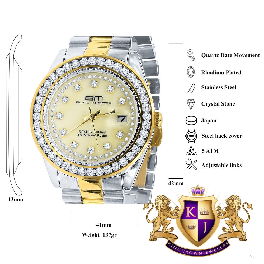 2 Tone Gold Finish Mens Full Stainless Steel Yellow Face Solitaire Simulated Diamond 41mm Presidential Watch
