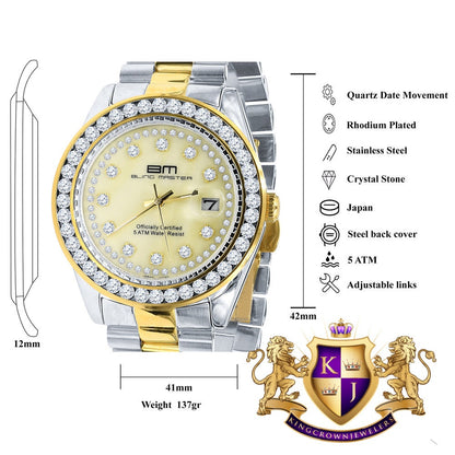 2 Tone Gold Finish Mens Full Stainless Steel Yellow Face Solitaire Simulated Diamond 41mm Presidential Watch