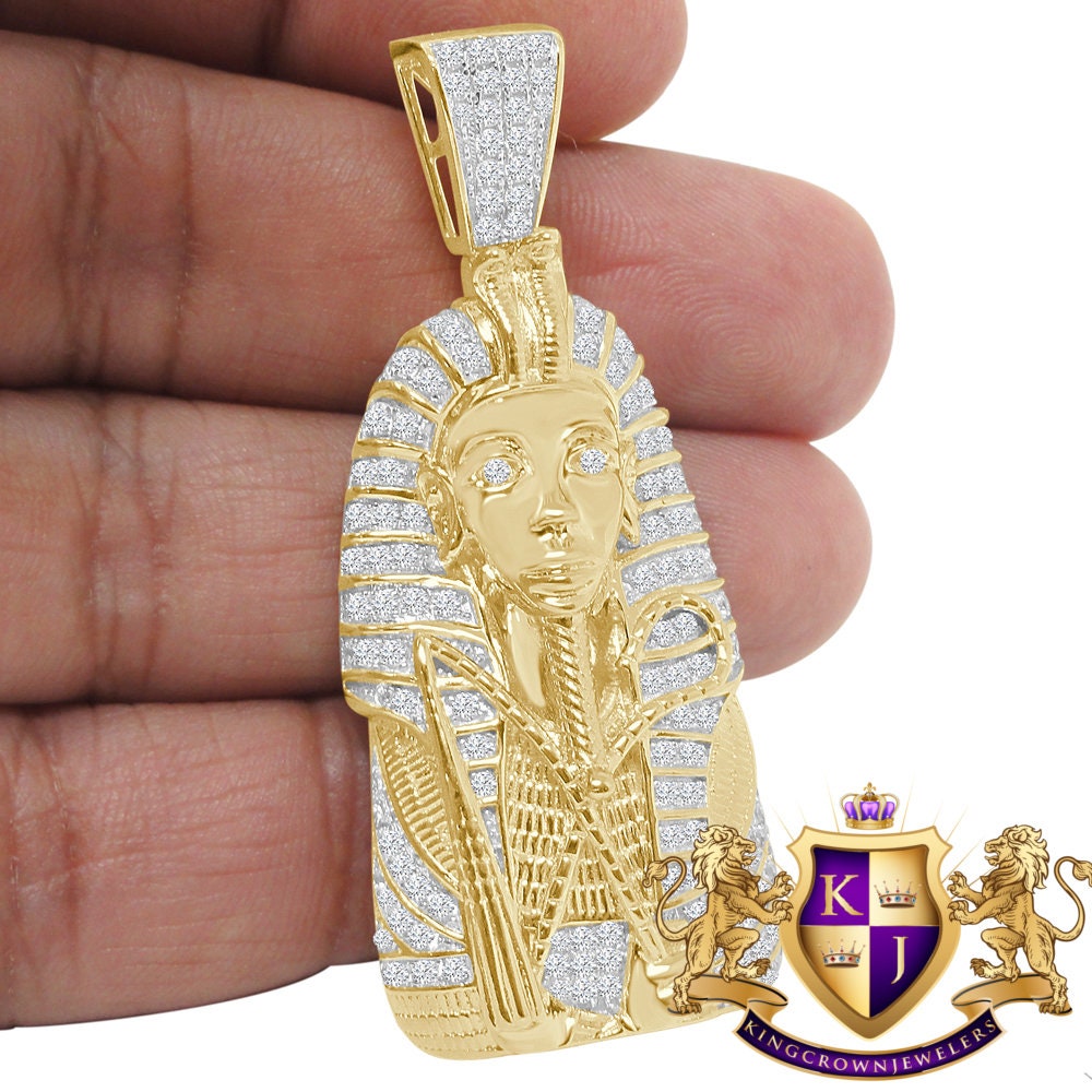 30 + Grams Genuine Italian Sterling Silver 14K Gold Over Simulated Diamond Egyptian Pharaoh King Tut Mummy Pendent Charm 2.25''+ Free Chain