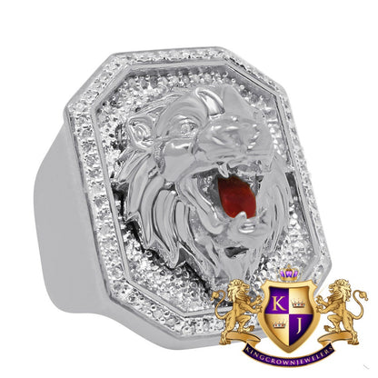 Mens Big Bold Real Genuine Diamond 10K White Gold Finish Lion Head Ring Band (Adjustable 10 Up To 11)