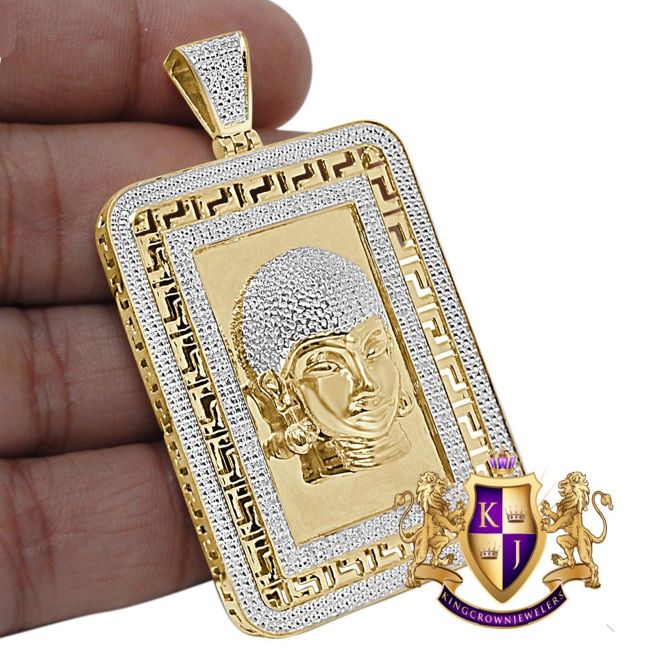 30+ Grams Men's Genuine Real Authentic Diamond Gautama Buddha Face Frame Style Religious Pendant 10K Gold Over Meditation Greek Charm 2.50''