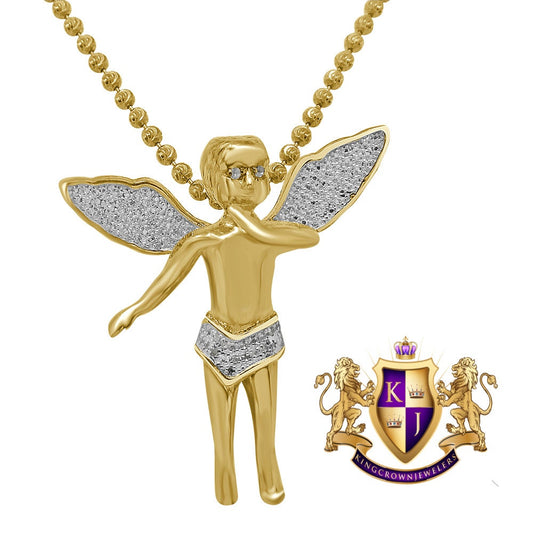 Real Genuine Diamond Angel Wings Pendent Charm Chain Set 10K Yellow Gold Finish 1.30'''