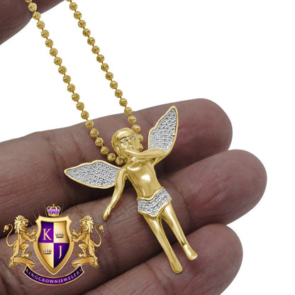 Real Genuine Diamond Angel Wings Pendent Charm Chain Set 10K Yellow Gold Finish 1.30'''