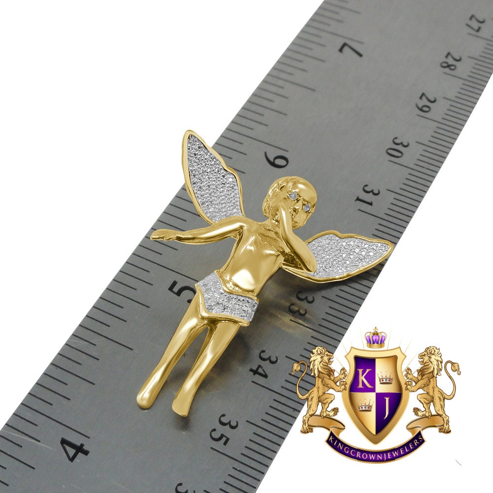 Real Genuine Diamond Angel Wings Pendent Charm Chain Set 10K Yellow Gold Finish 1.30'''