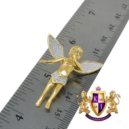 Real Genuine Diamond Angel Wings Pendent Charm Chain Set 10K Yellow Gold Finish 1.30'''
