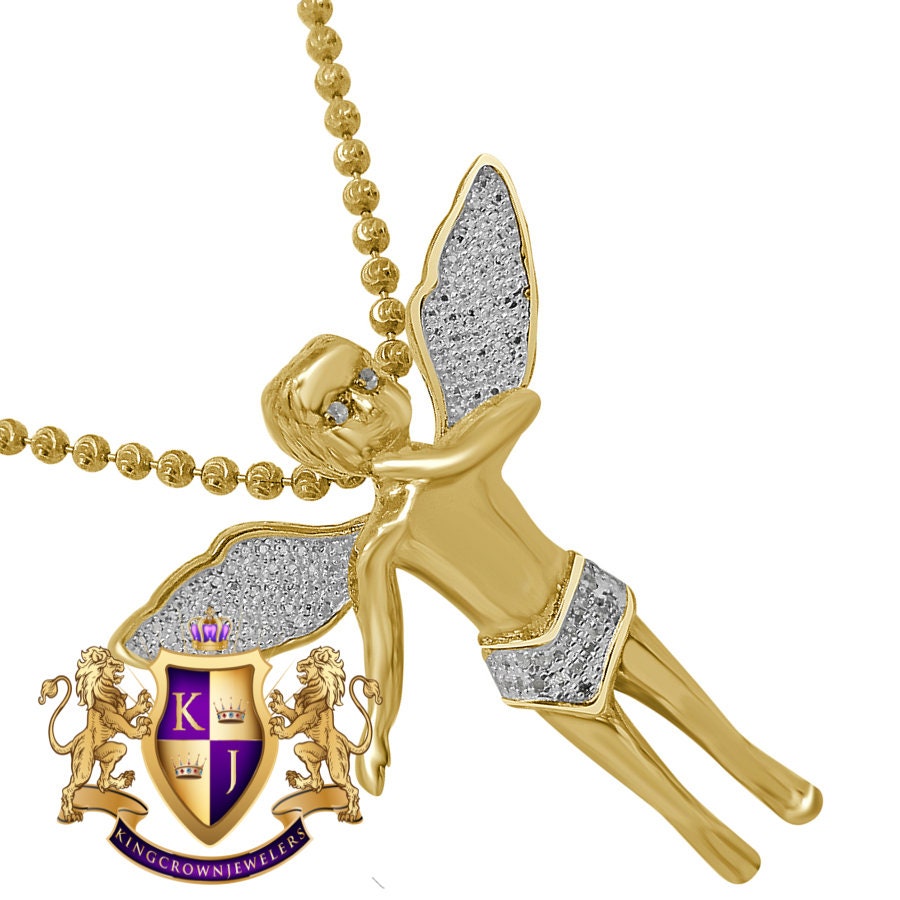 Real Genuine Diamond Angel Wings Pendent Charm Chain Set 10K Yellow Gold Finish 1.30'''