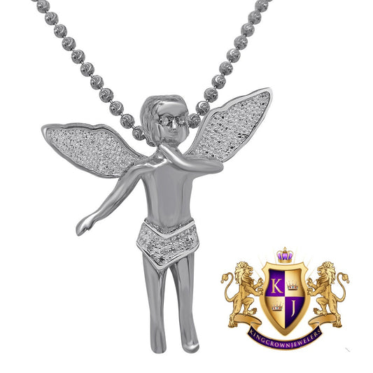 Real Genuine Diamond Angel Wings Pendent Charm Chain Set 10K White Gold Finish 1.30'''