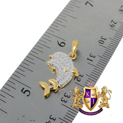 Real Genuine Diamond Dolphin Fish Mini Pendent Charm Chain Set 10K Yellow Gold Finish 1.00''