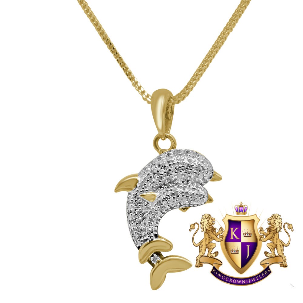 Real Genuine Diamond Dolphin Fish Mini Pendent Charm Chain Set 10K Yellow Gold Finish 1.00''