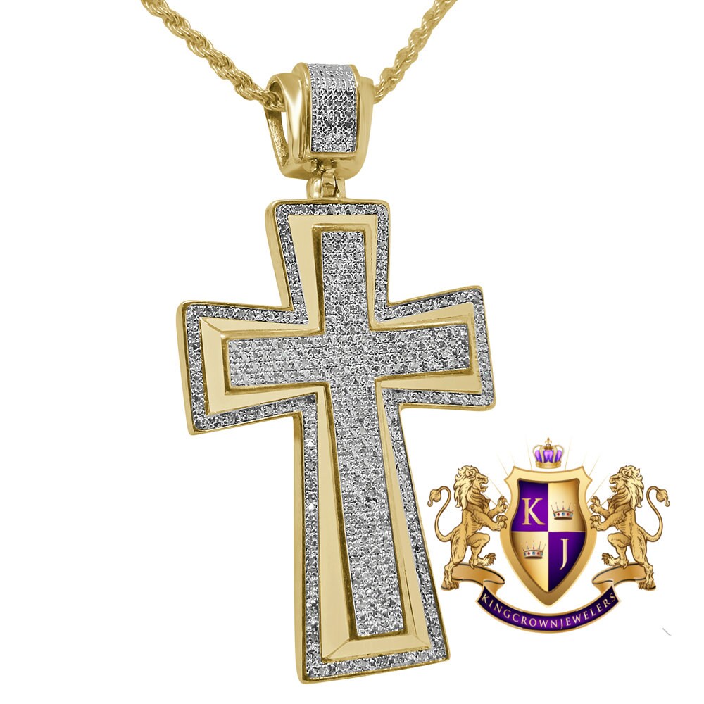 Real Genuine Diamond 0.50 Cwt. Jesus Cross Pendent Charm Chain Set 10K Yellow Gold Finish 2'''