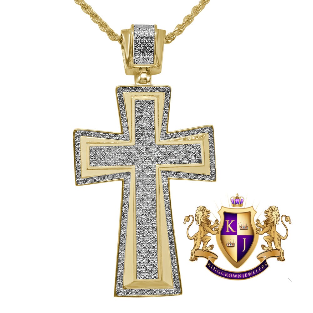 Real Genuine Diamond 0.50 Cwt. Jesus Cross Pendent Charm Chain Set 10K Yellow Gold Finish 2'''