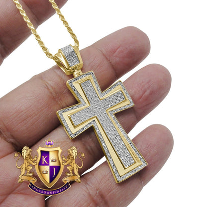 Real Genuine Diamond 0.50 Cwt. Jesus Cross Pendent Charm Chain Set 10K Yellow Gold Finish 2'''