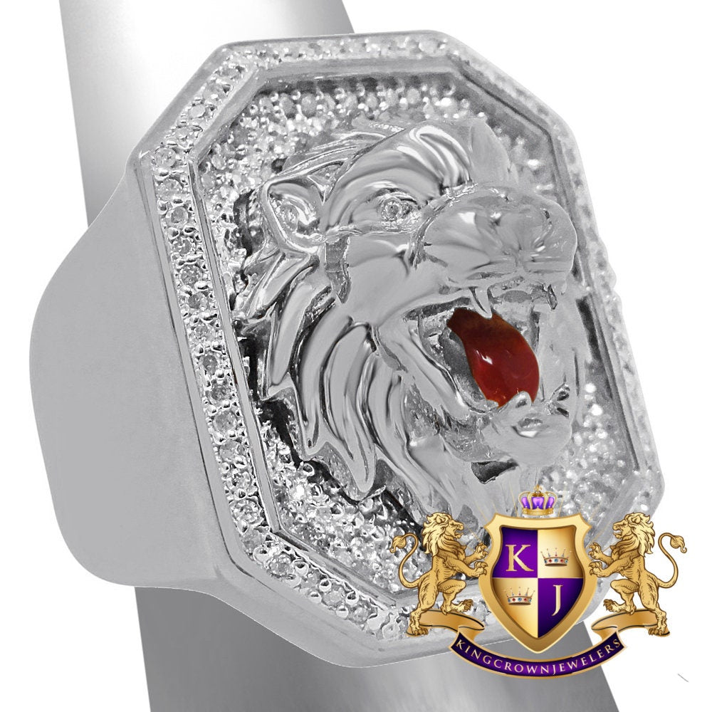 Mens Big Bold Real Genuine Diamond 10K White Gold Finish Lion Head Ring Band (Adjustable 10 Up To 11)