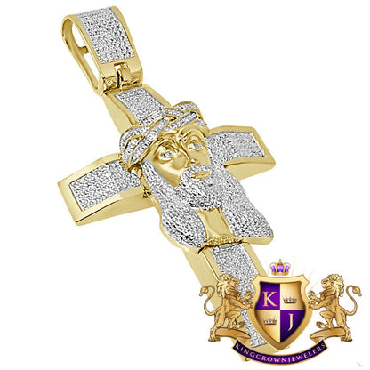 Real Genuine Authentic Diamond 32+ Grams Jesus Christ Face Cross 10K Solid Yellow Gold Finish Custom Piece Charm Pendant Men's XL Big 3.5"