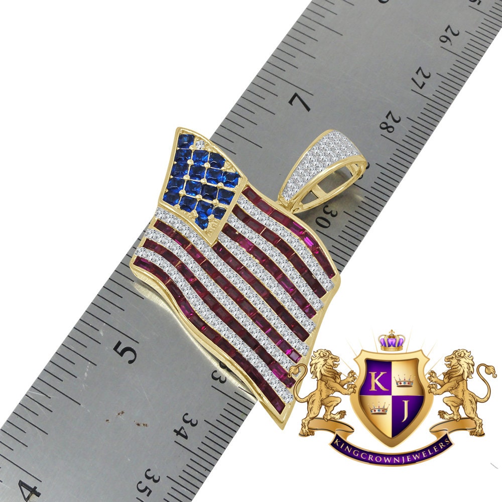 10K Yellow Gold On Real Genuine Sterling Silver Multi Tone Lab Diamond USA American Flag Pendant Charm