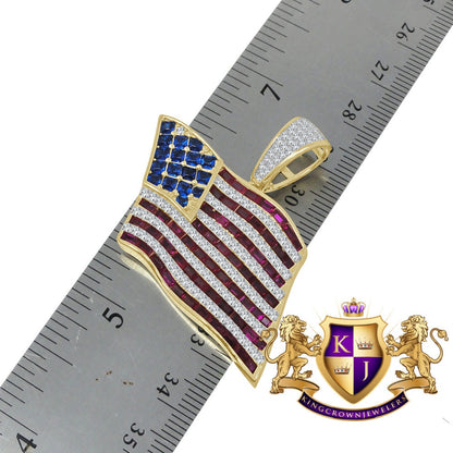 10K Yellow Gold On Real Genuine Sterling Silver Multi Tone Lab Diamond USA American Flag Pendant Charm