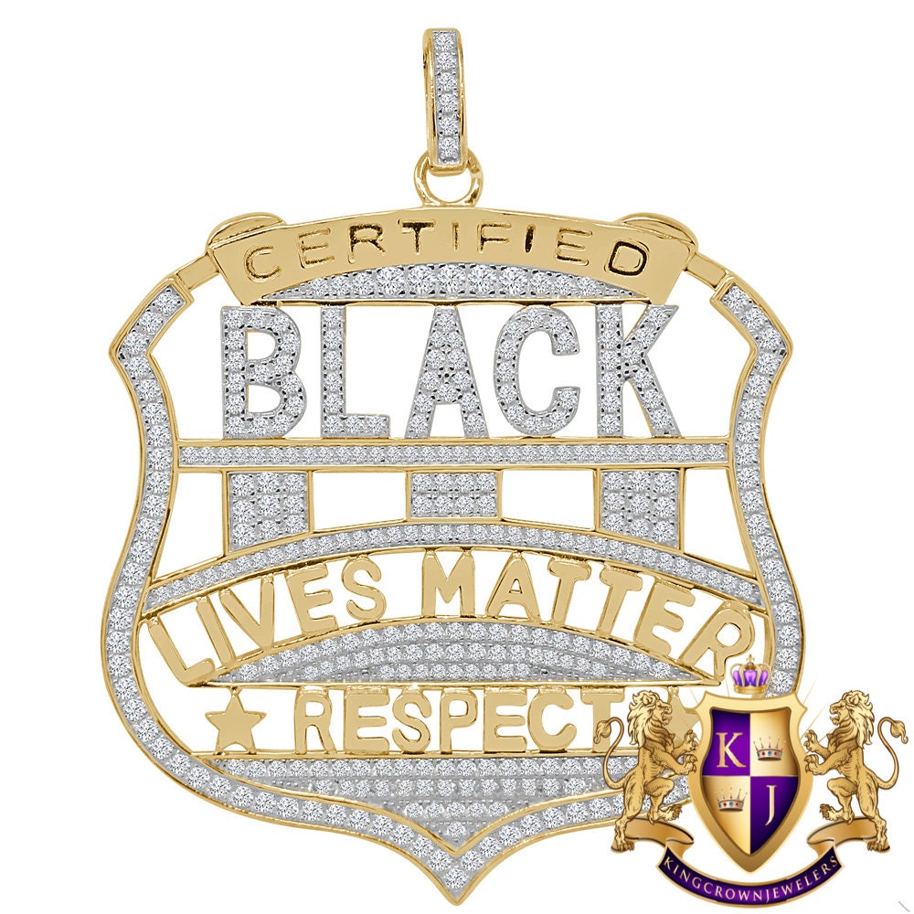 Real Yellow Gold On Genuine Sterling Silver Simulated Diamond "Black Lives Matter" Custom Pendent Charm 2.5''