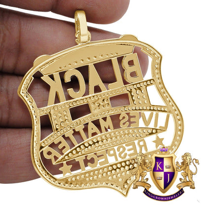 Real Yellow Gold On Genuine Sterling Silver Simulated Diamond "Black Lives Matter" Custom Pendent Charm 2.5''