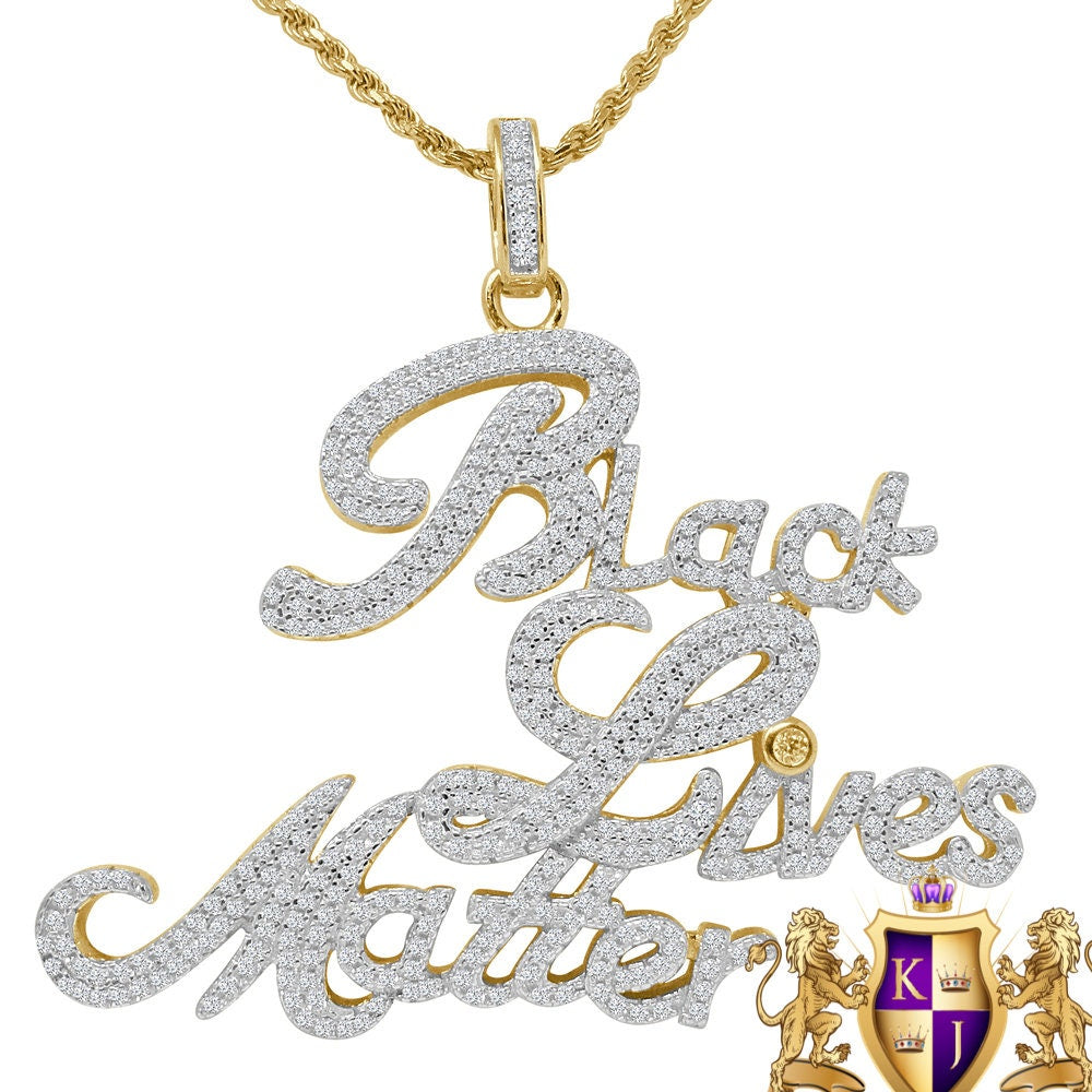 Mens Genuine Real Sterling Silver "Black Lives Matter" Charm Simulated Diamond Pendent + Rope Chain