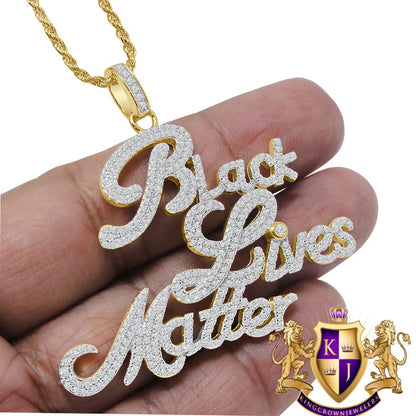 Mens Genuine Real Sterling Silver "Black Lives Matter" Charm Simulated Diamond Pendent + Rope Chain
